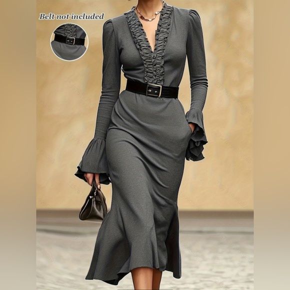 Frill V-Neck Flare Sleeve Dress - Picture 2 of 2